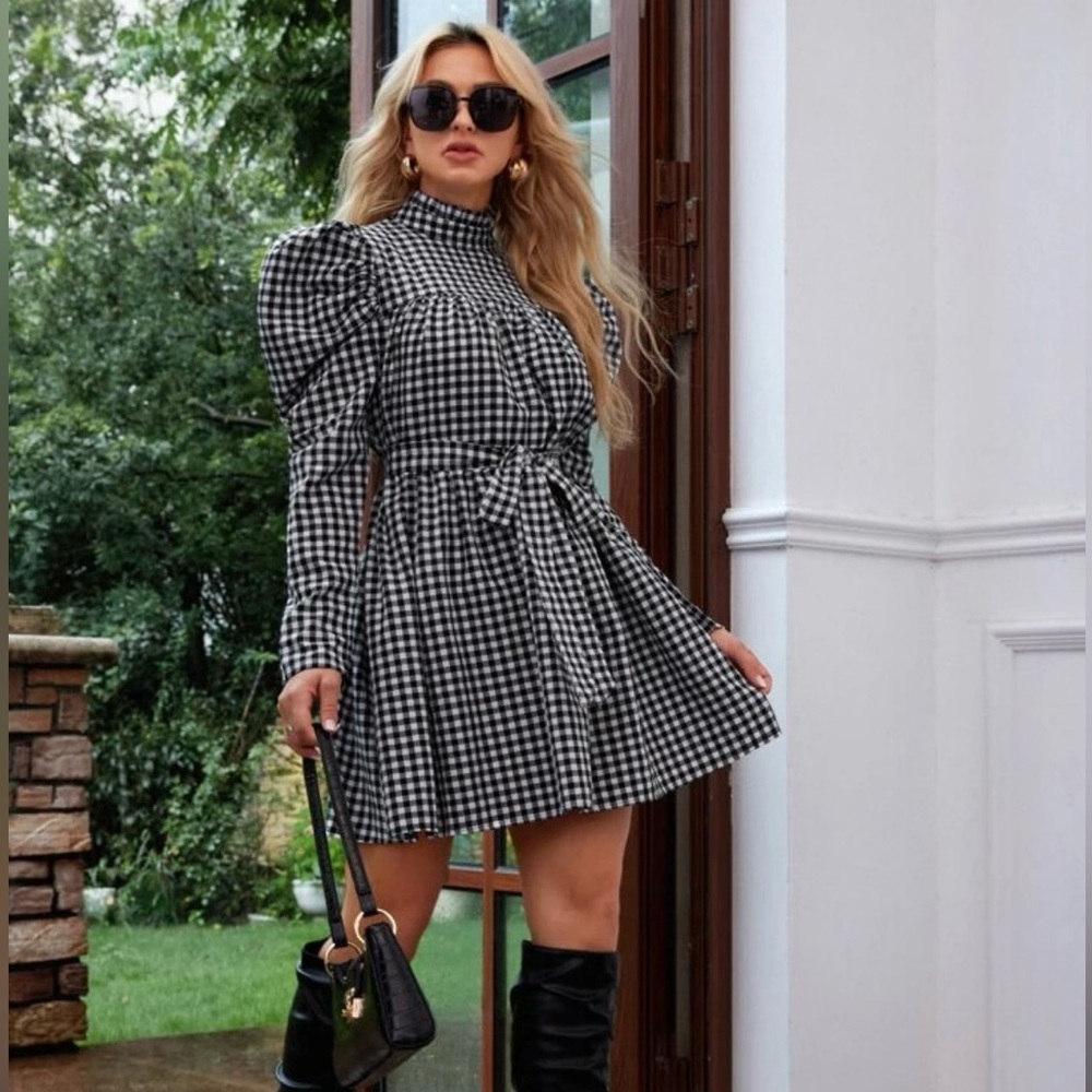 SHEIN Prive Frilled Neck Gigot Sleeve Belted Black White Gingham Dress NWOT S